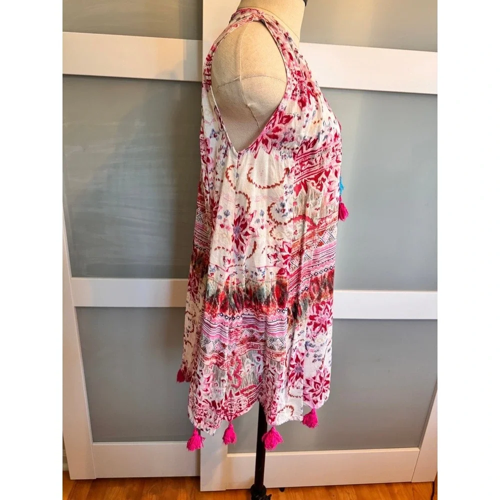 Bohemian Pink Floral Tassel Hem Sleeveless Tunic Top Mini Dress xS